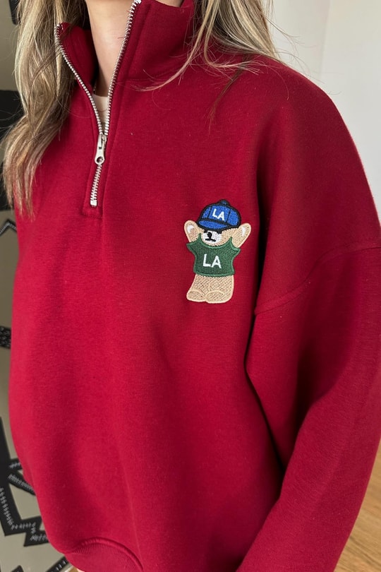 Zip Detay Teddy LA Sweat Bordo