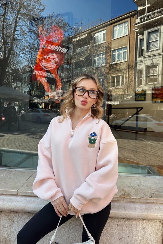 Zip Detay Teddy LA Sweat Pudra