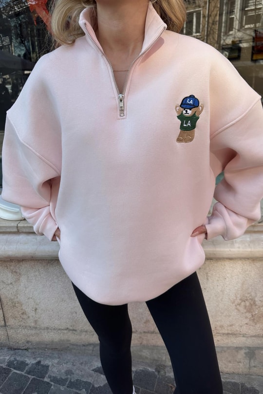 Zip Detay Teddy LA Sweat Pudra