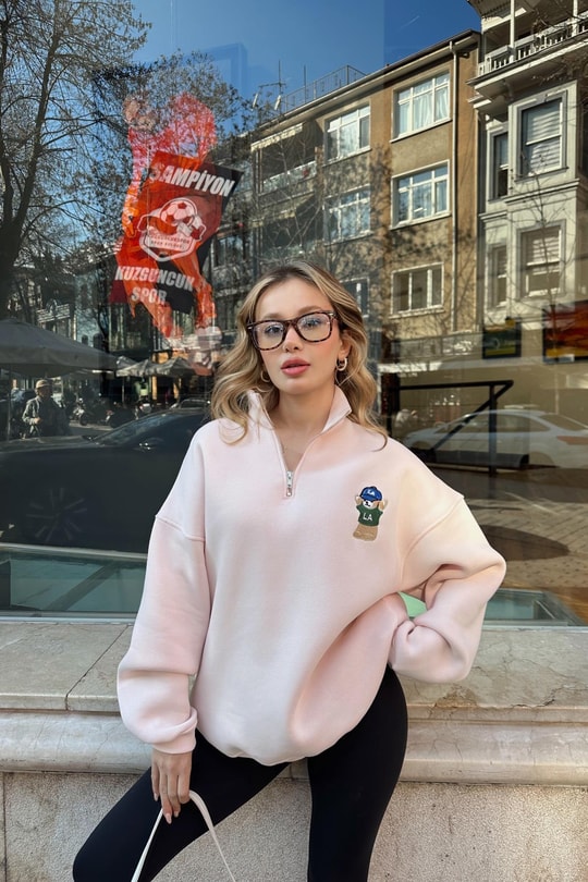 Zip Detay Teddy LA Sweat Pudra