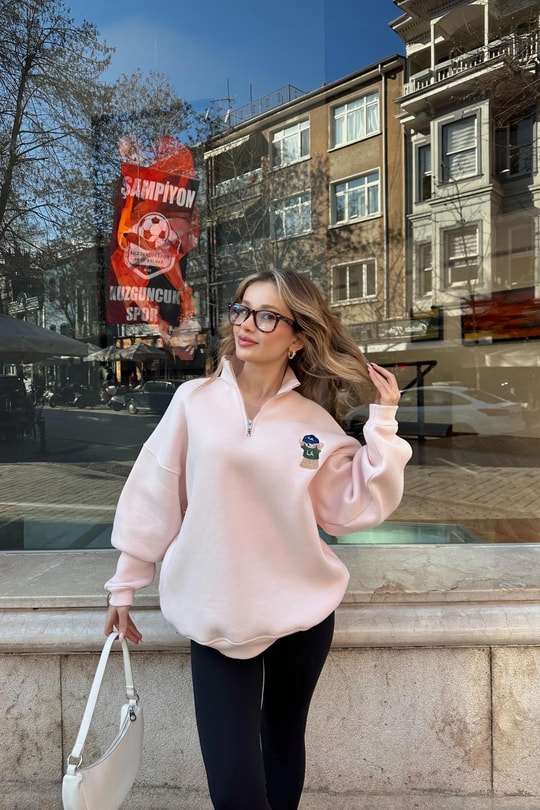 Zip Detay Teddy LA Sweat Pudra