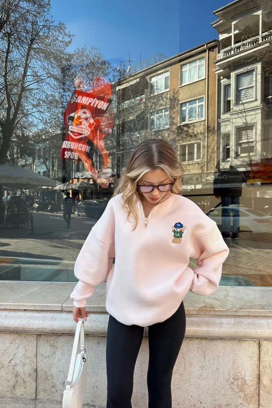 Zip Detay Teddy LA Sweat Pudra