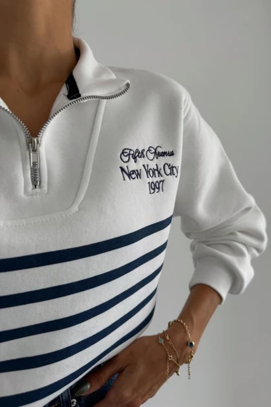 Zip Yaka Çizgili Sweat Beyaz