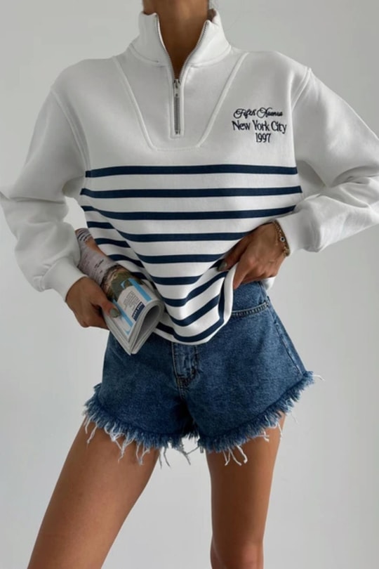 Zip Yaka Çizgili Sweat Beyaz