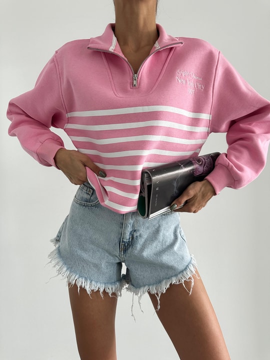 Zip Yaka Çizgili Sweat Pembe