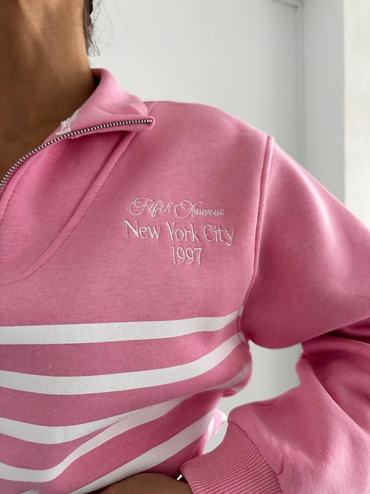 Zip Yaka Çizgili Sweat Pembe