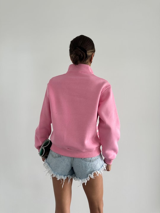 Zip Yaka Çizgili Sweat Pembe