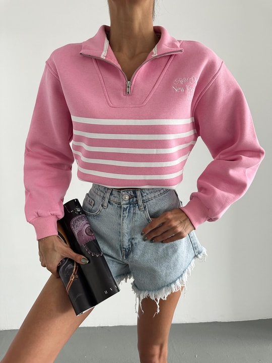 Zip Yaka Çizgili Sweat Pembe