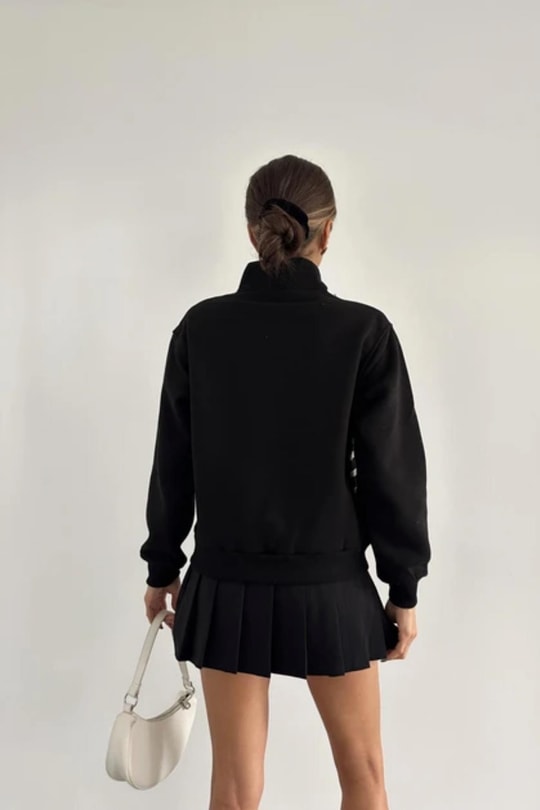 Zip Yaka Çizgili Sweat Siyah