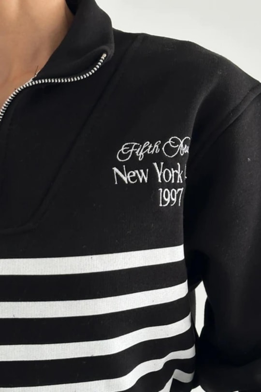 Zip Yaka Çizgili Sweat Siyah