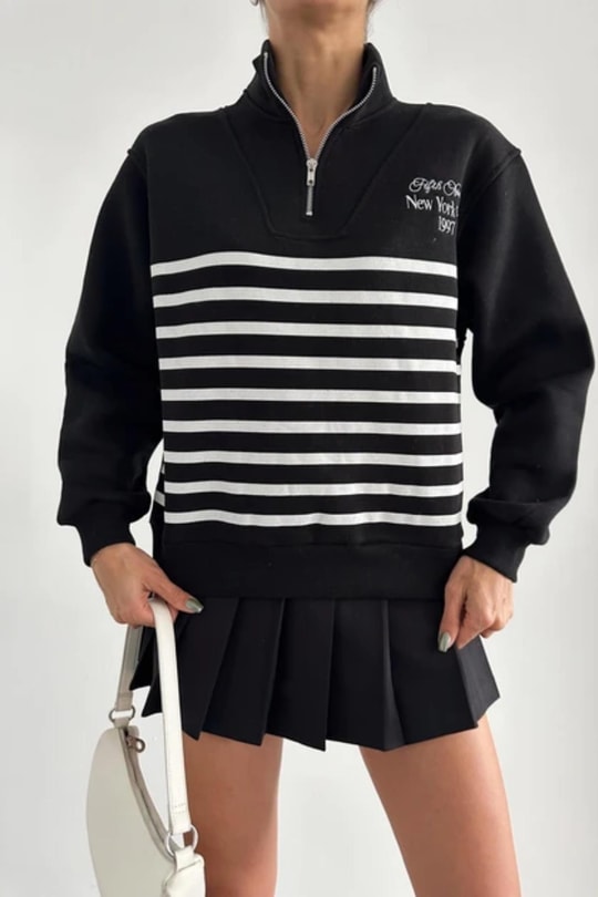 Zip Yaka Çizgili Sweat Siyah