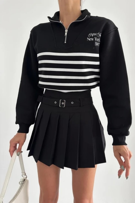 Zip Yaka Çizgili Sweat Siyah