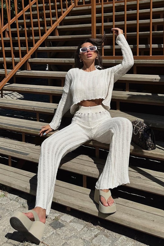 Ajurlu Crop Pantolon Takım Krem