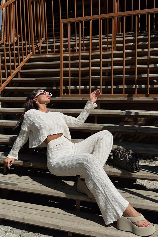 Ajurlu Crop Pantolon Takım Krem