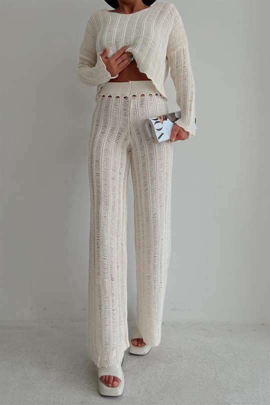 Ajurlu Crop Pantolon Takım Krem
