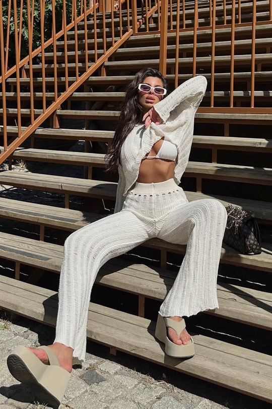 Ajurlu Crop Pantolon Takım Krem
