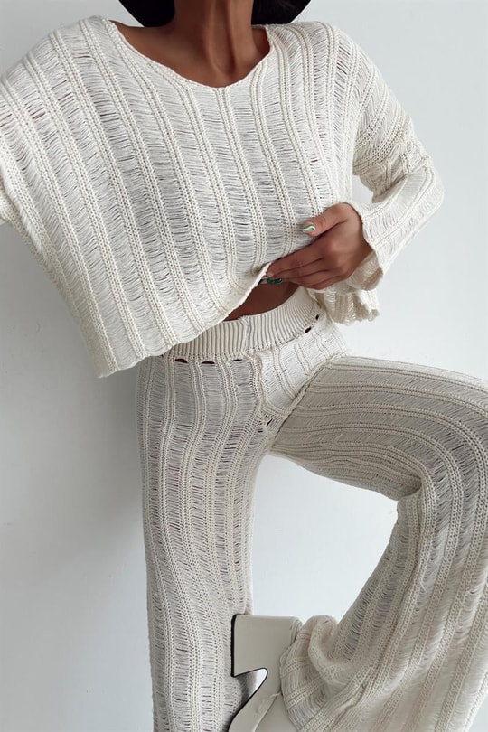 Ajurlu Crop Pantolon Takım Krem