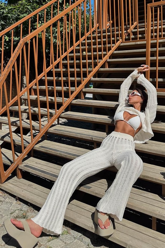 Ajurlu Crop Pantolon Takım Krem