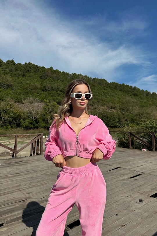Angel Crop Kadife Takım Pembe