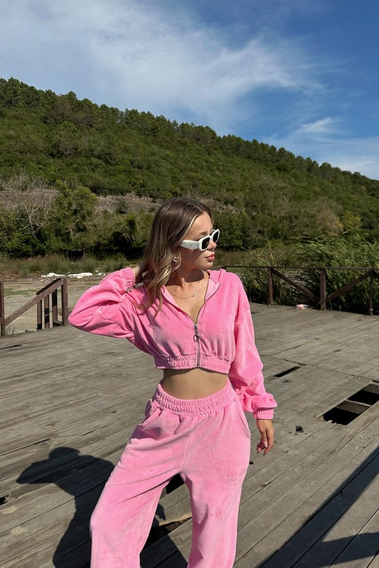 Angel Crop Kadife Takım Pembe