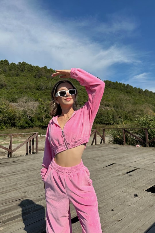 Angel Crop Kadife Takım Pembe