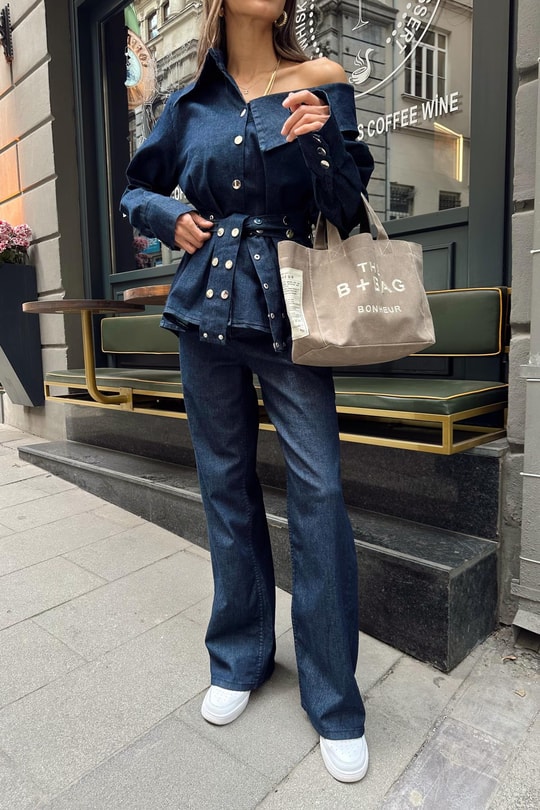 Asimetrik Yaka Denim Takım Lacivert