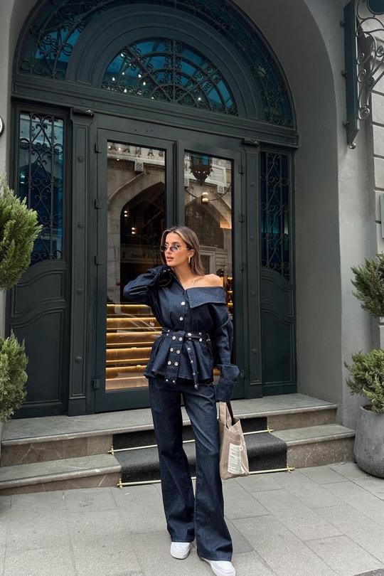 Asimetrik Yaka Denim Takım Lacivert