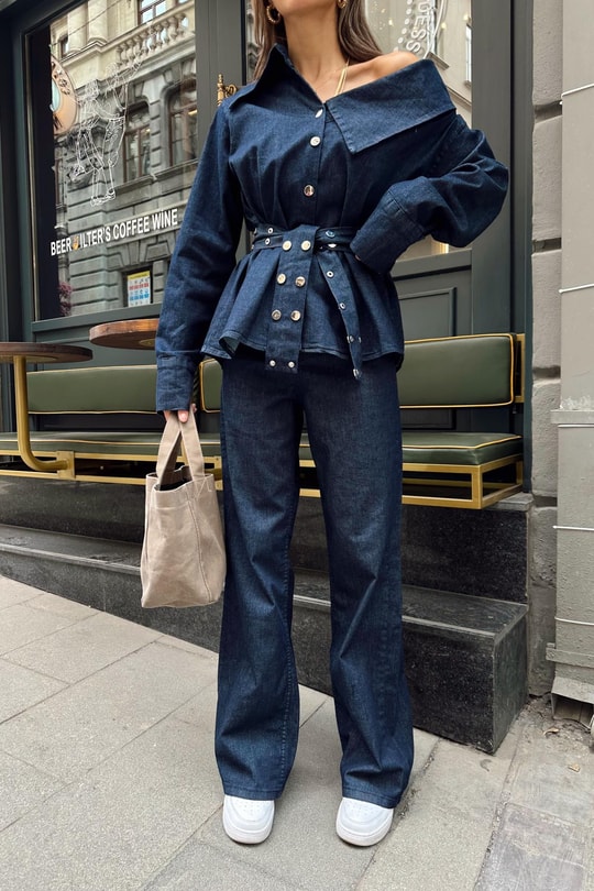 Asimetrik Yaka Denim Takım Lacivert