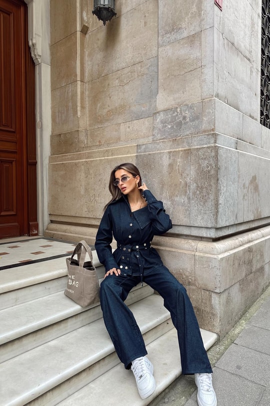 Asimetrik Yaka Denim Takım Lacivert