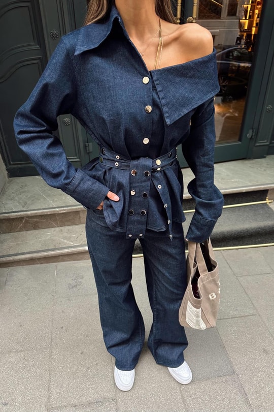 Asimetrik Yaka Denim Takım Lacivert