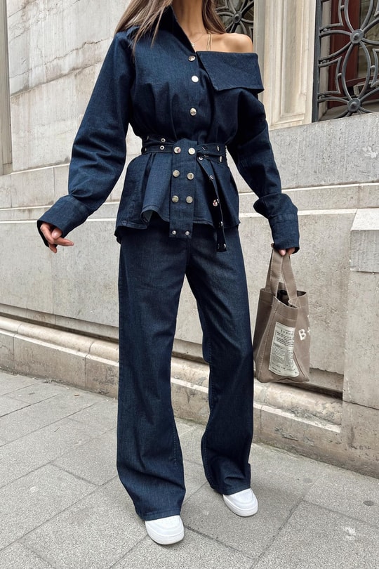 Asimetrik Yaka Denim Takım Lacivert