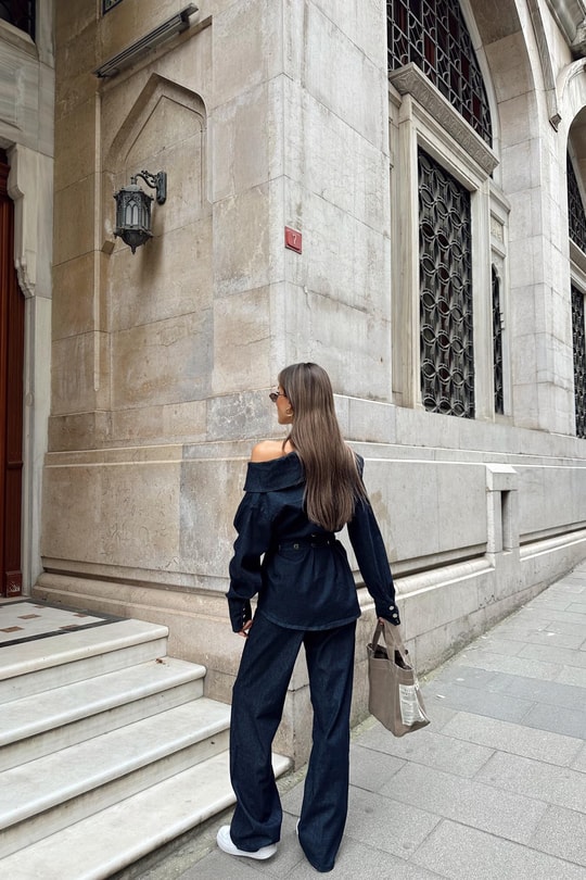 Asimetrik Yaka Denim Takım Lacivert