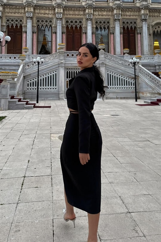 Bağlama Detay Etek Ceket Takım Siyah