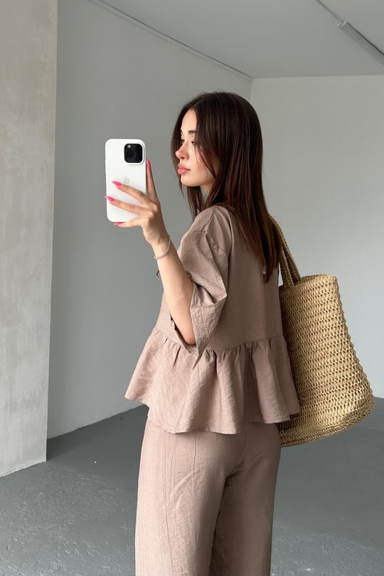 Bağlamalı Çilek Bluz Pantolon Takım Vizon