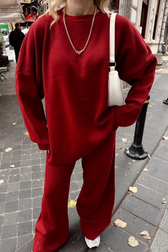 Basıc Oversize Triko Takım Bordo