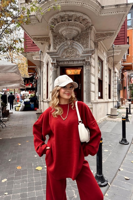 Basıc Oversize Triko Takım Bordo