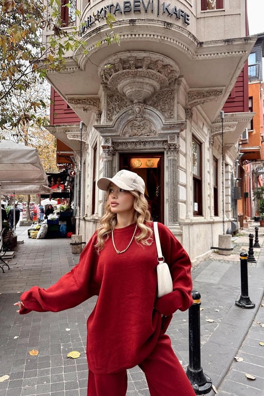 Basıc Oversize Triko Takım Bordo