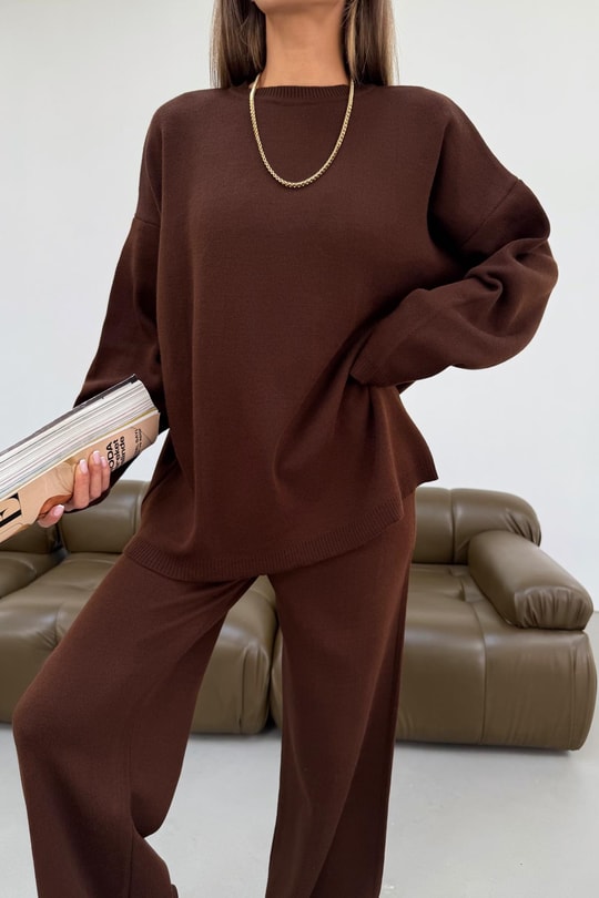 Basıc Oversize Triko Takım Kahve