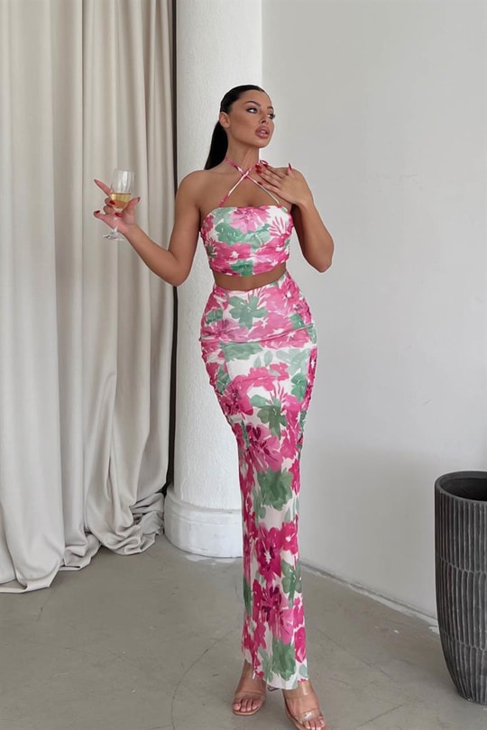 Boyundan Bağlamalı FlowerTasarım Takım Pembe