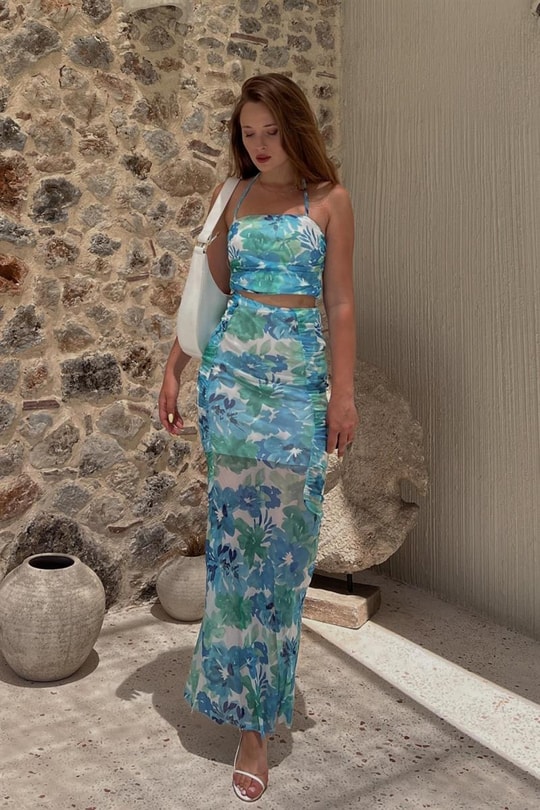 Boyundan Bağlamalı FlowerTasarım Takım Mavi
