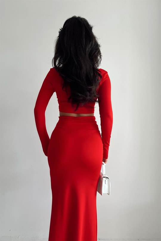 Büzgü Etekli Crop Basic Takım Kırmızı