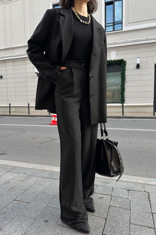 Çizgili Blazer Takım Antrasit