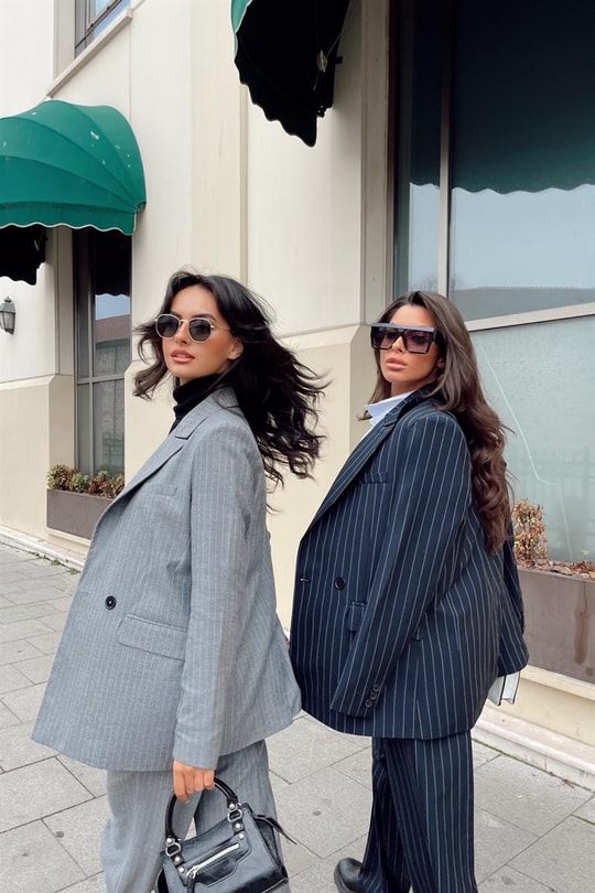 Çizgili Blazer Takım Gri