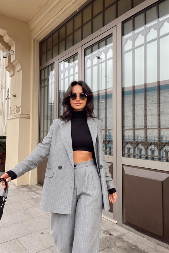Çizgili Blazer Takım Gri