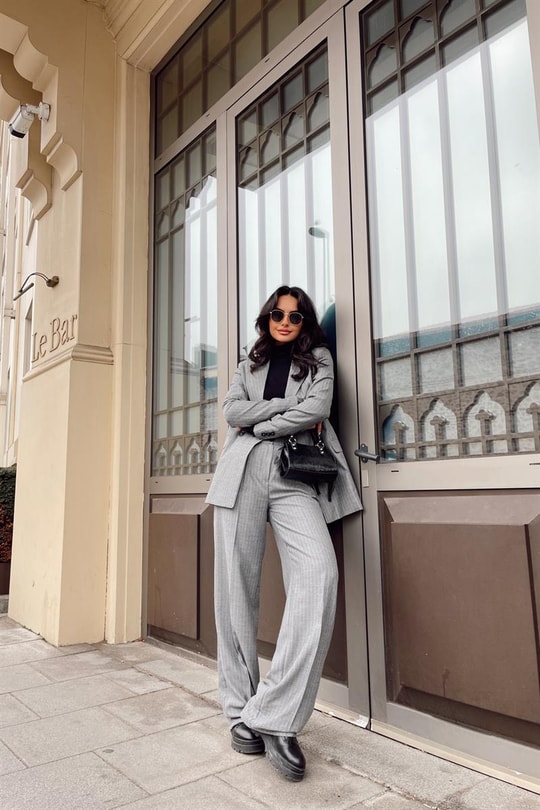 Çizgili Blazer Takım Gri
