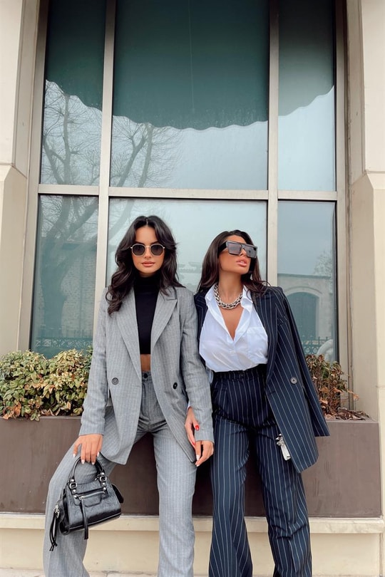 Çizgili Blazer Takım Gri