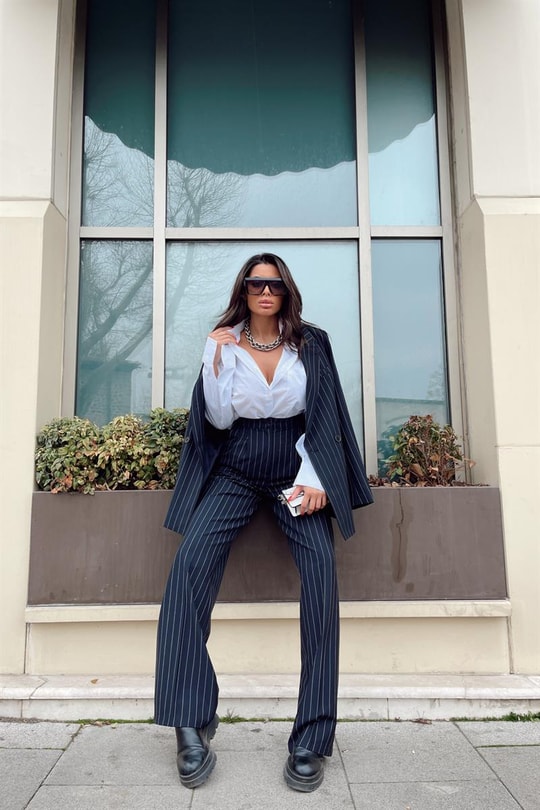 Çizgili Blazer Takım Lacivert