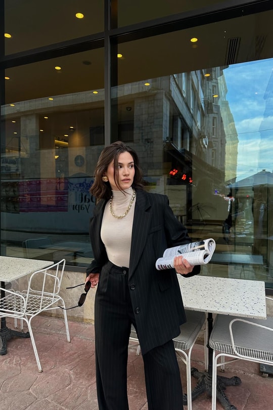 Çizgili Blazer Takım Lacivert