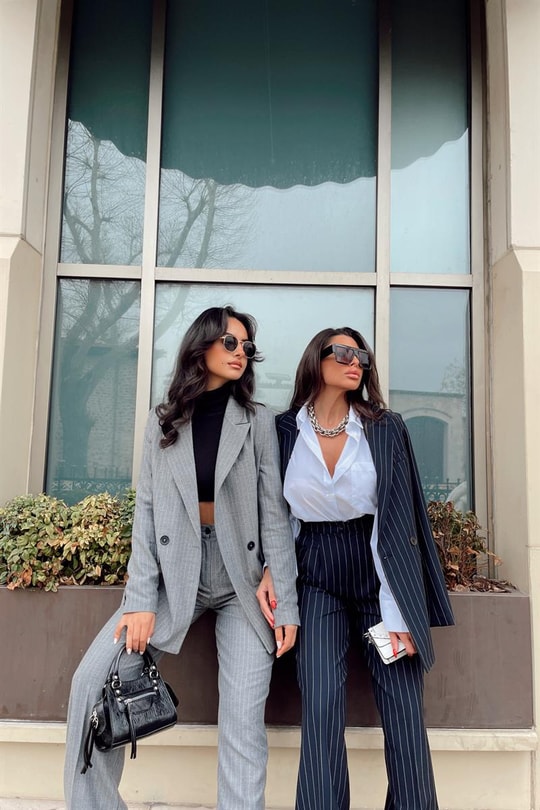 Çizgili Blazer Takım Lacivert