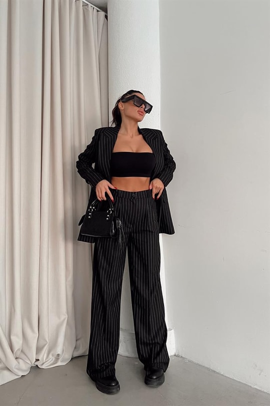 Çizgili Blazer Takım Siyah